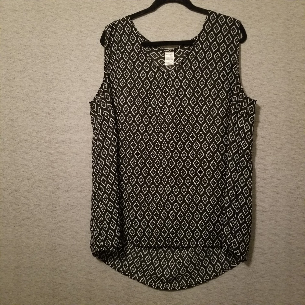 Terra & Sky Tank Blouse 1X 16/18 W Black/White Diamond Geometric Top Sleeveless